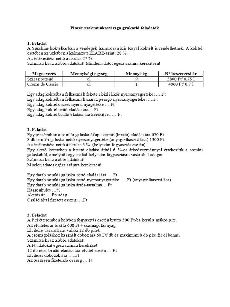Pincér Szakmunkásvizsga Gyakorló Feladatok | PDF