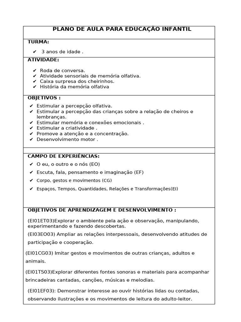 Plano de Aula para Educação Infantil-1 | PDF
