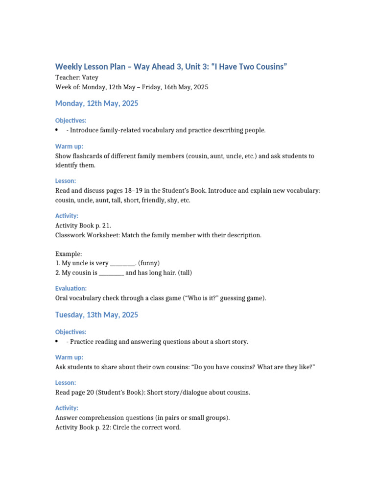 Weekly Lesson Plan: Family Vocabulary | PDF | Reading Comprehension ...