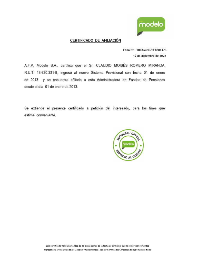 Certificado de Afiliación AFP Modelo | PDF