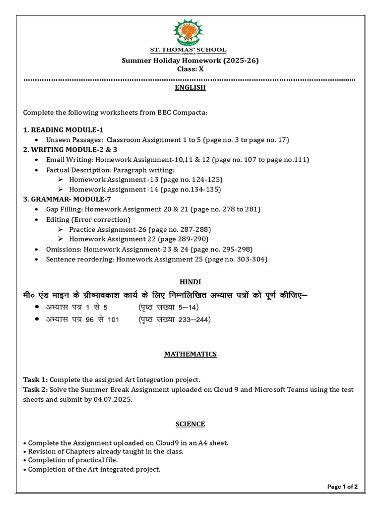 Class 10 Summer Homework Assignments | PDF