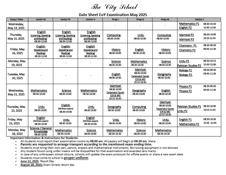 EoY Exam Schedule May 2025 | PDF
