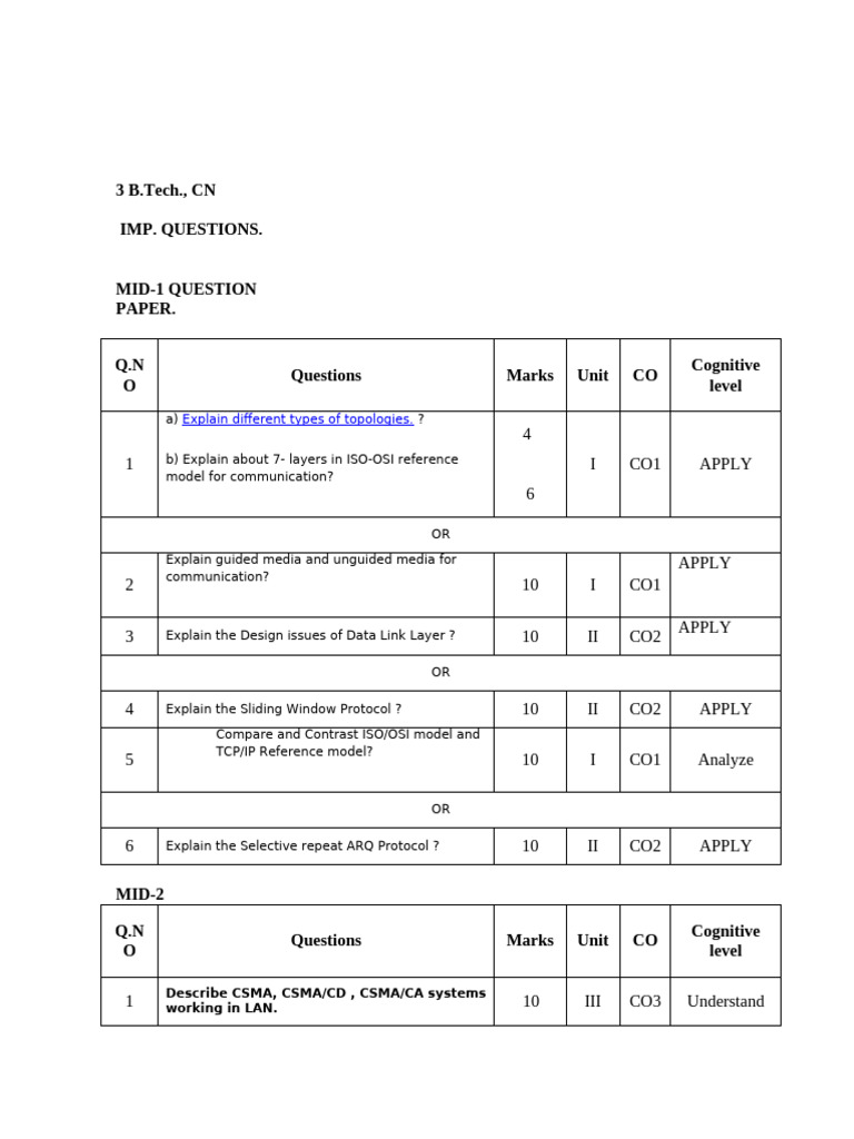Communication Networks - Imp. Questions. | PDF | Computer Network | Osi ...