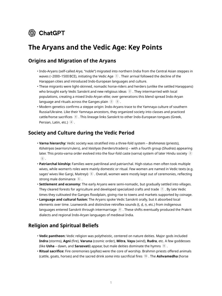 The Aryans and The Vedic Age - Key Points | PDF | Vedas | Upanishads