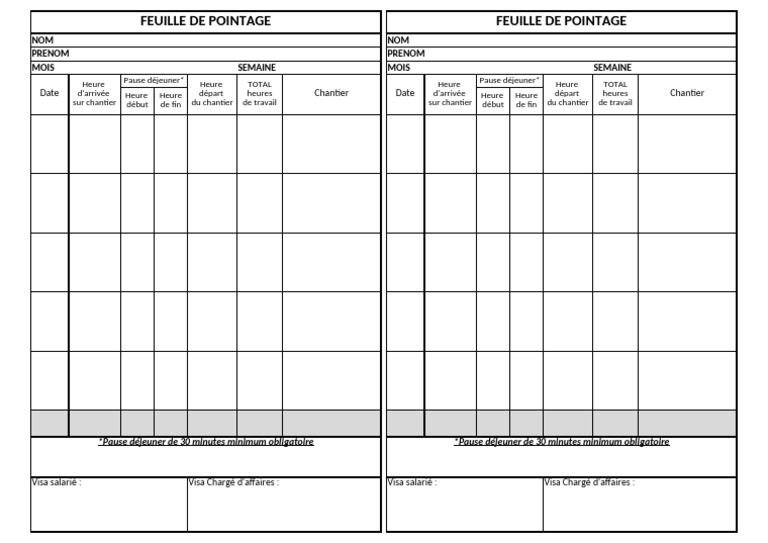 Feuille de pointage vierge à imprimer | PDF