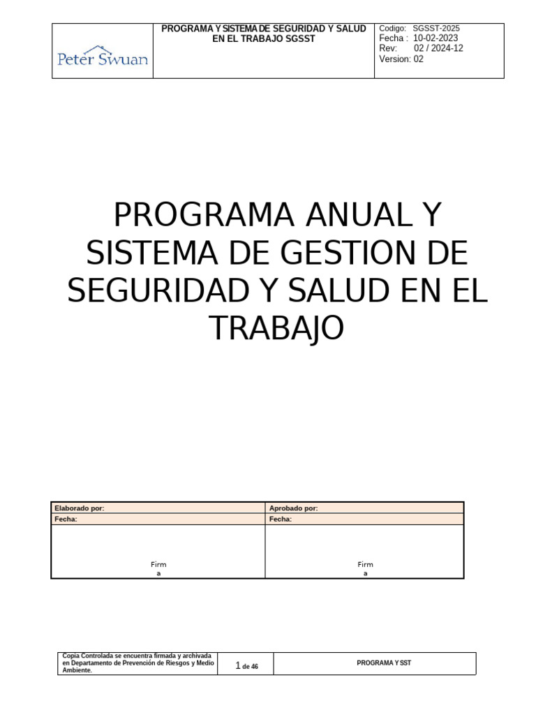 Programa Anual y Sistema de Gestion de Seguridad y Salud en El Trabajo ...