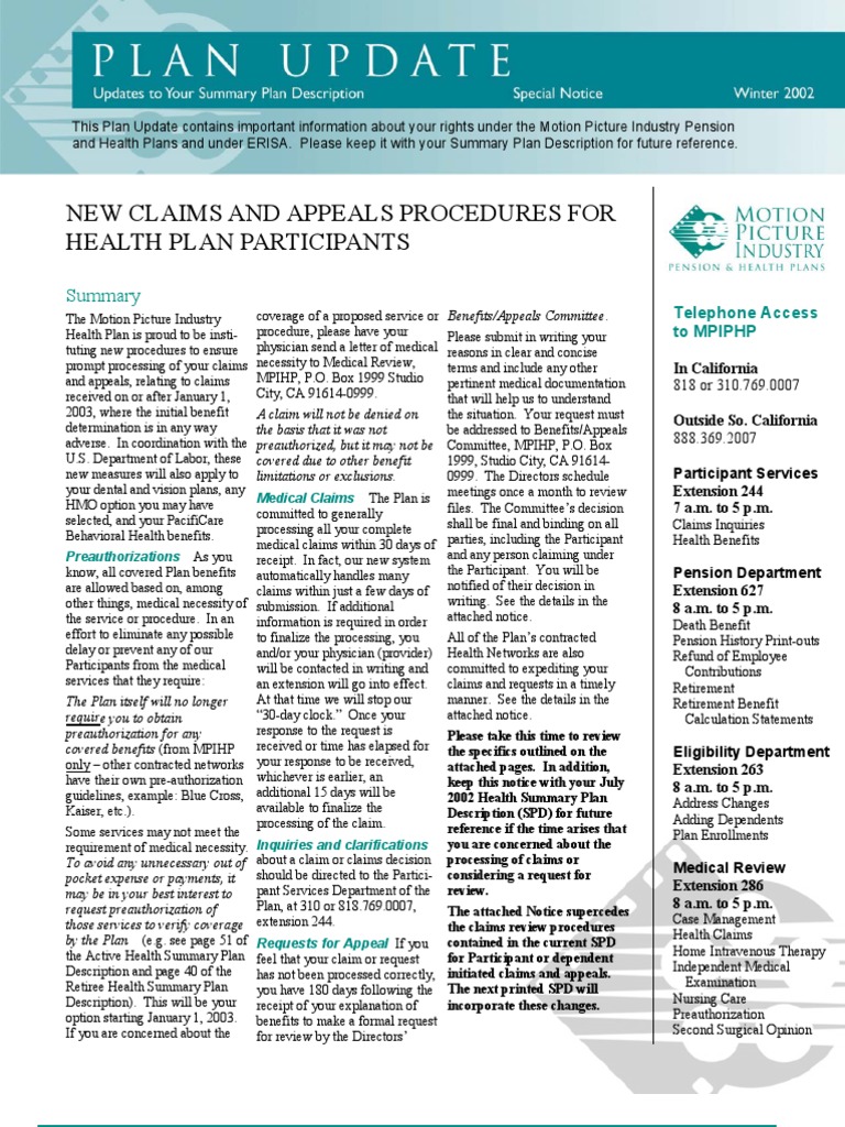 Motion Picture Health Plan Appeals Notice Health