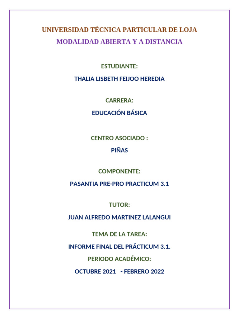 Informe final-Practicum-Thalia Feijoo | PDF | Plan de estudios | Enseñando