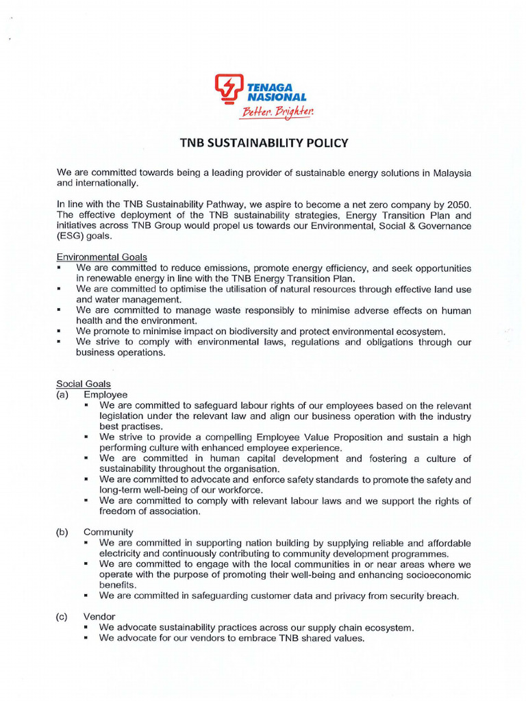 TNB Sustainability Policy 2024 | PDF | Sustainability | Governance