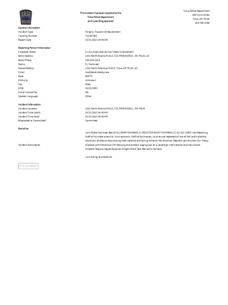 Tulsa Police Report: Fraud Incident | PDF | Crimes | Crime & Violence