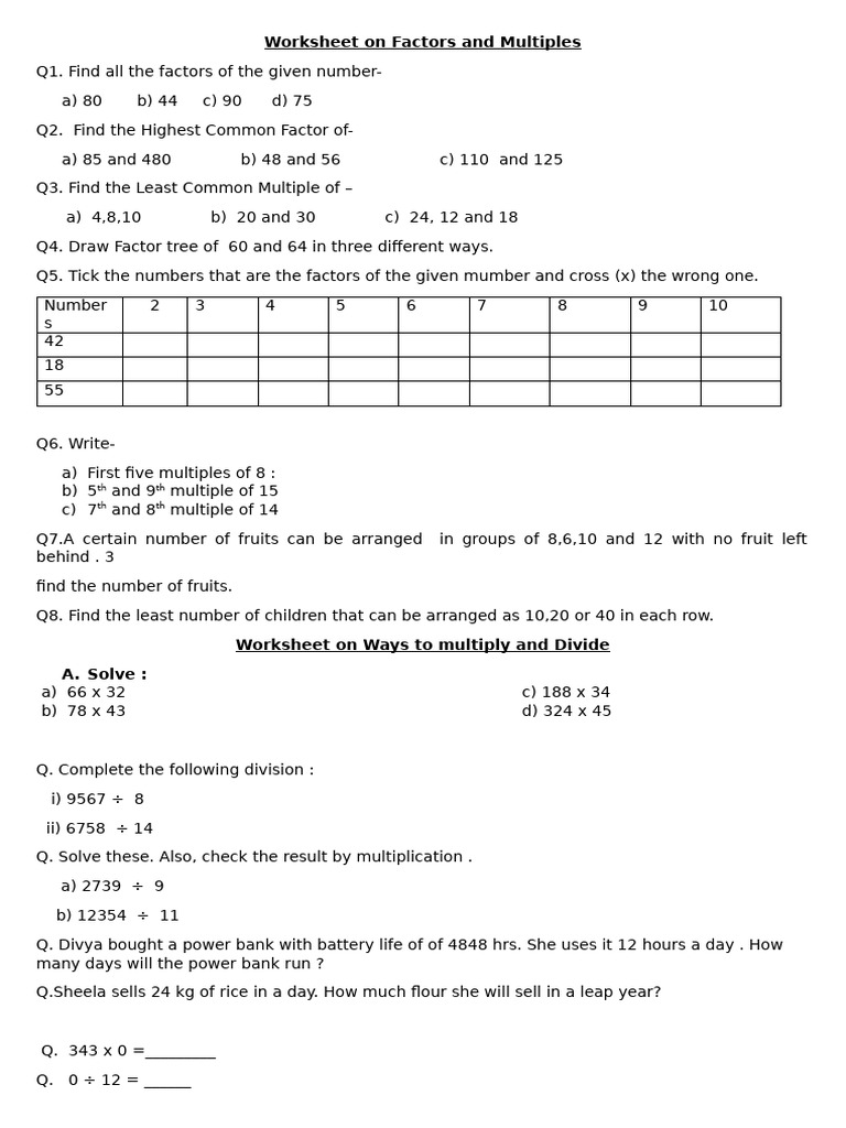 Class 5 Factors and Multiples Worksheet | PDF