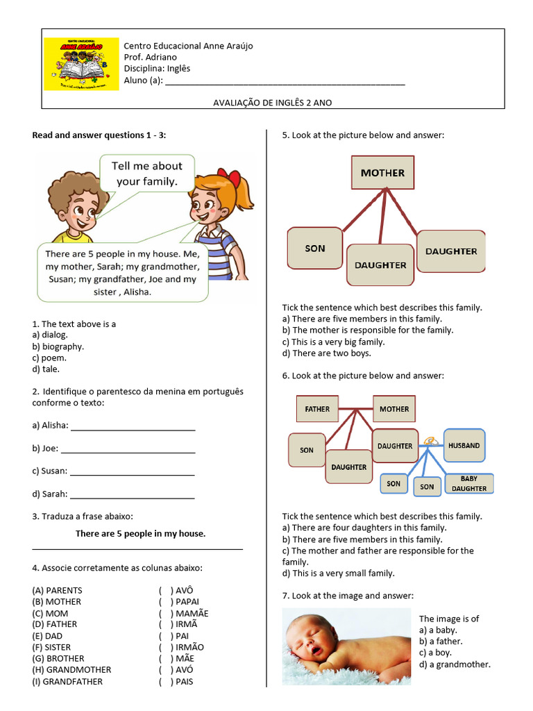 Avaliação de inglês 2 ano | PDF | Grandparent | Adulthood
