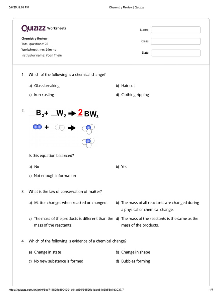 Chemistry Review Worksheets Quiz | PDF | Atoms | Hydrogen