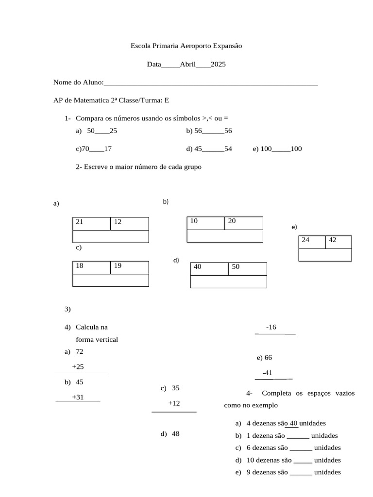 Atividades de Matemática para 2ª Classe | PDF