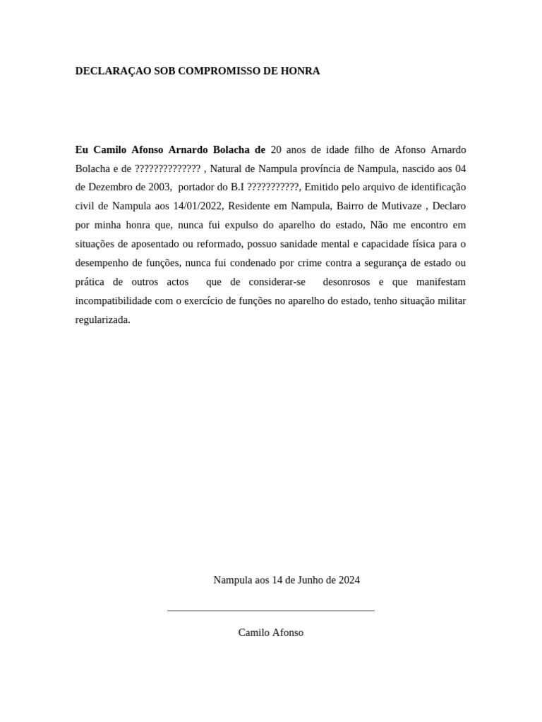 Declaração de Compromisso de Honra | PDF