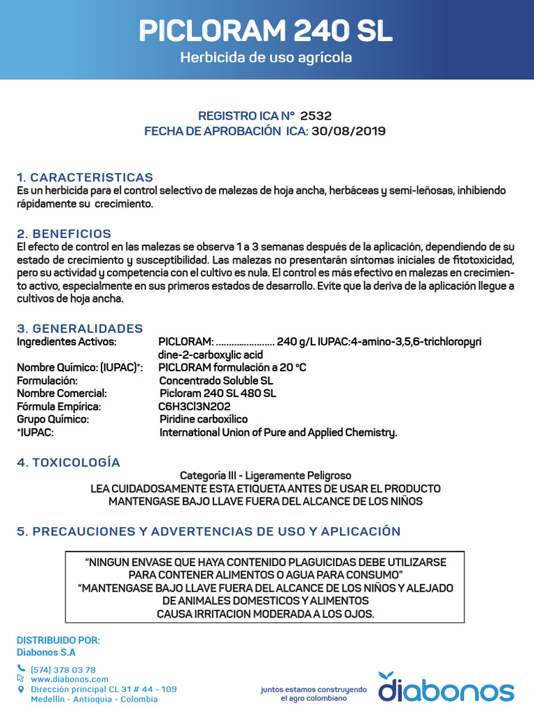 Herbicida Picloram 240 SL: Ficha Técnica | PDF | Herbicida | Agua
