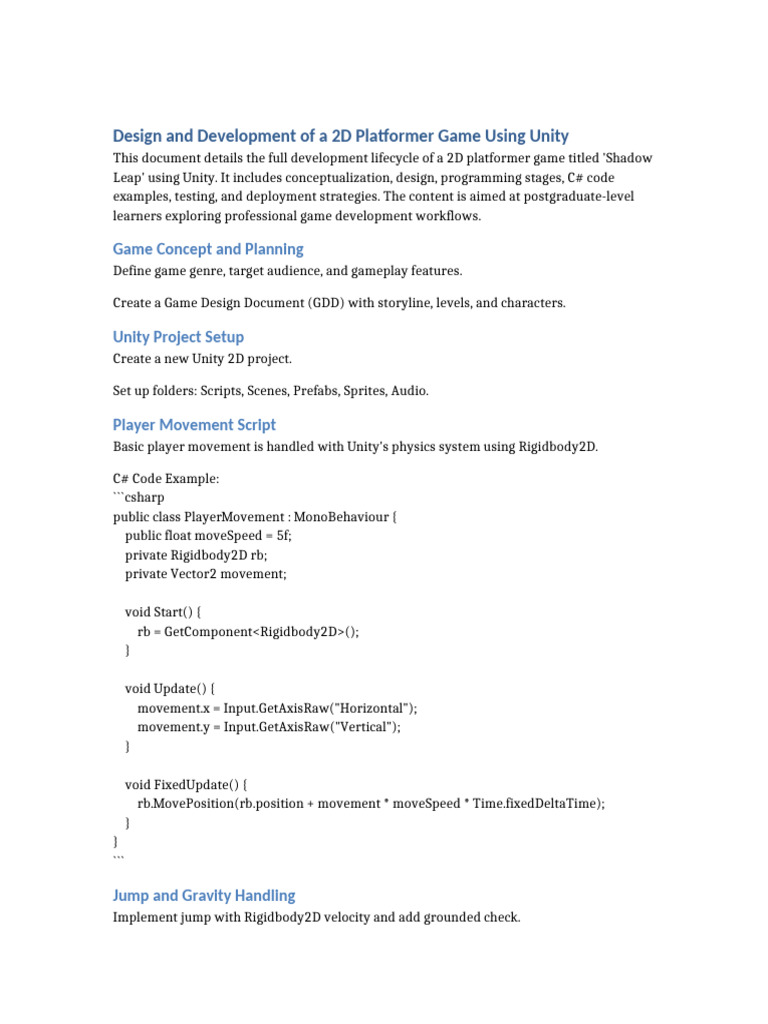 2D Platformer Dev With Coding Stages | PDF | C Sharp (Programming ...