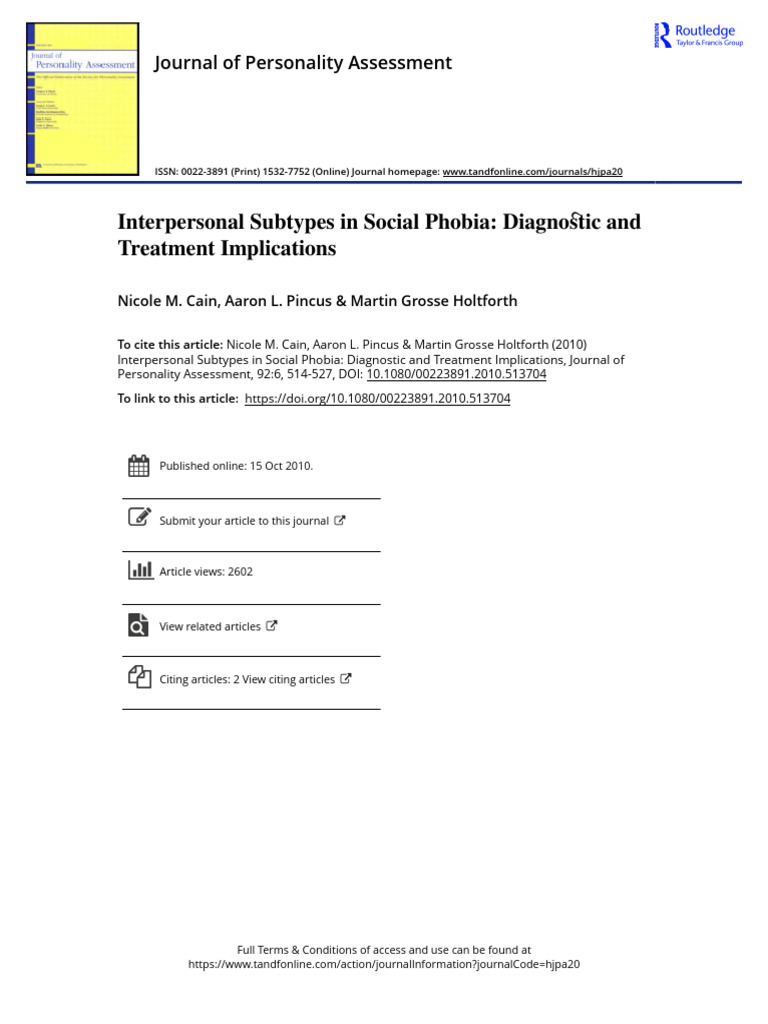 Interpersonal Subtypes in Social Phobia | PDF | Social Anxiety Disorder ...