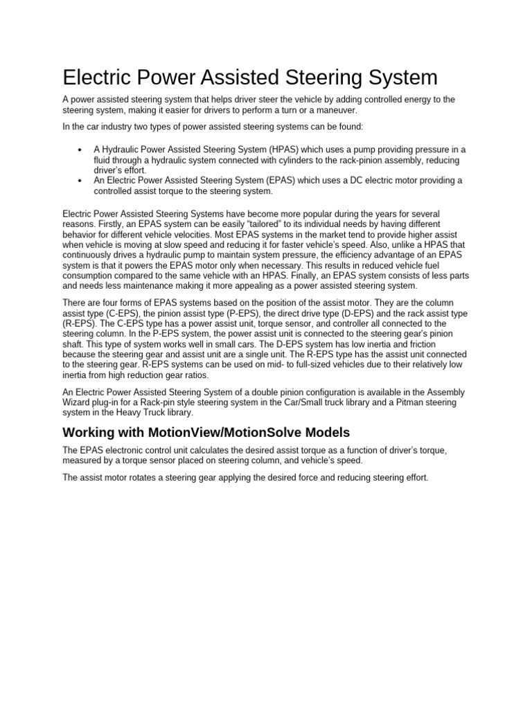 Electric Power Assisted Steering System | PDF | Electric Motor | Steering