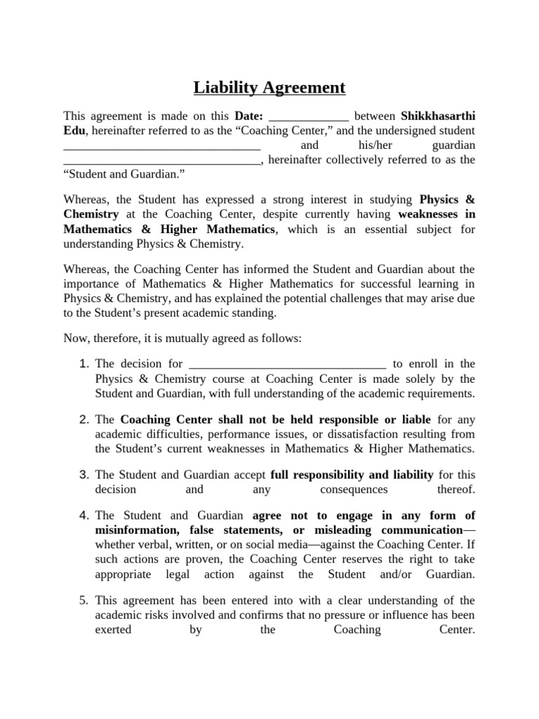 Liability Agreement for Students | PDF | Physics
