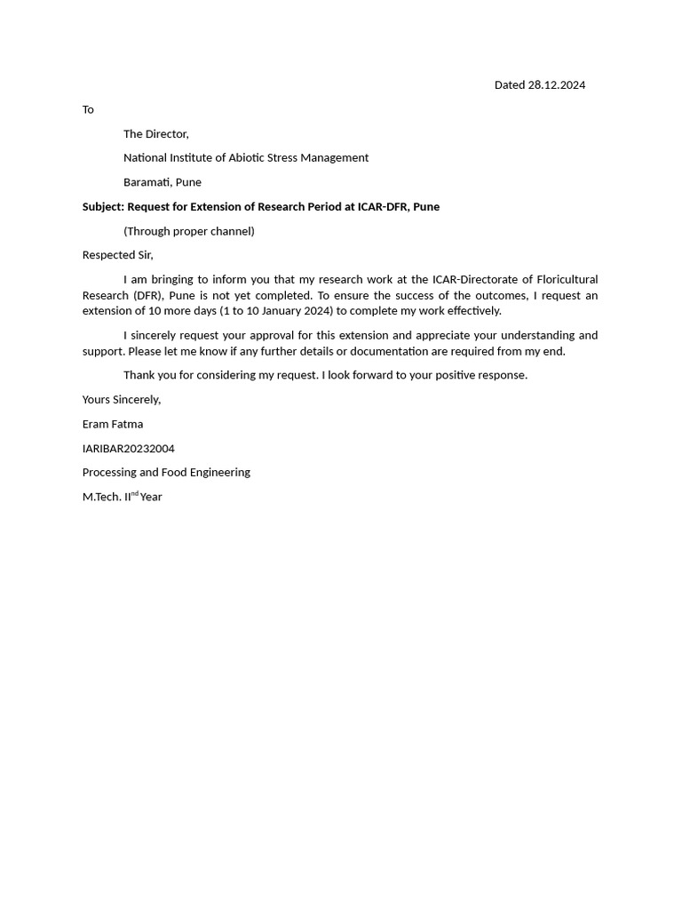 Request for Research Extension at ICAR-DFR | PDF