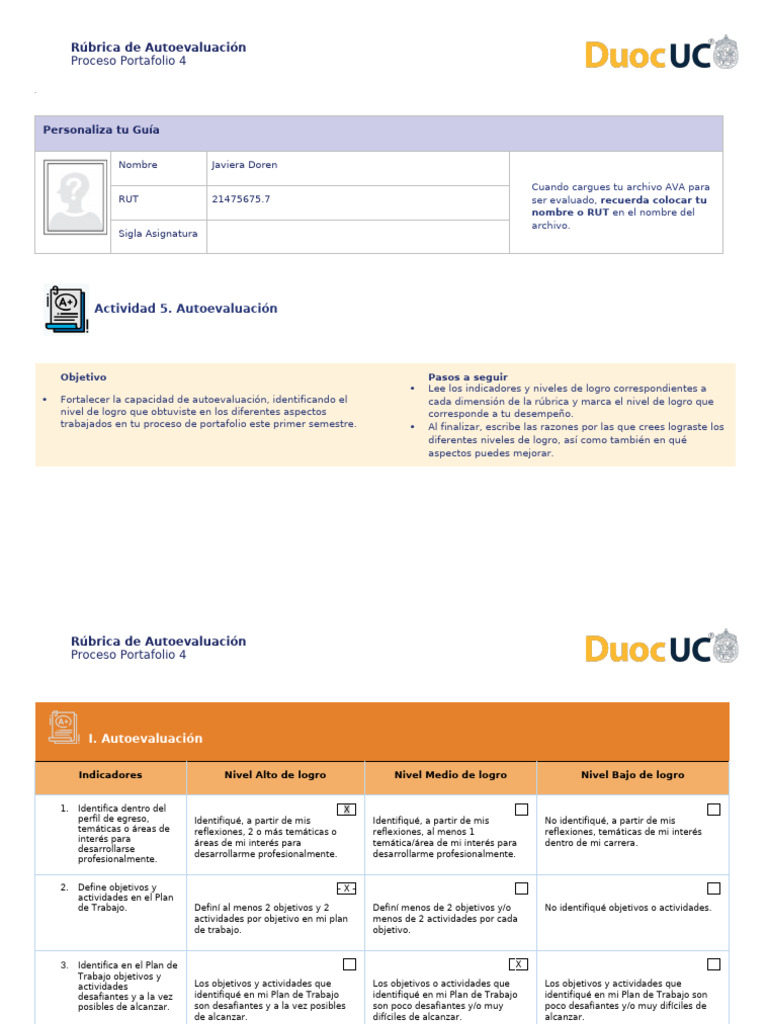 Rúbrica de Autoevaluación del Portafolio | PDF