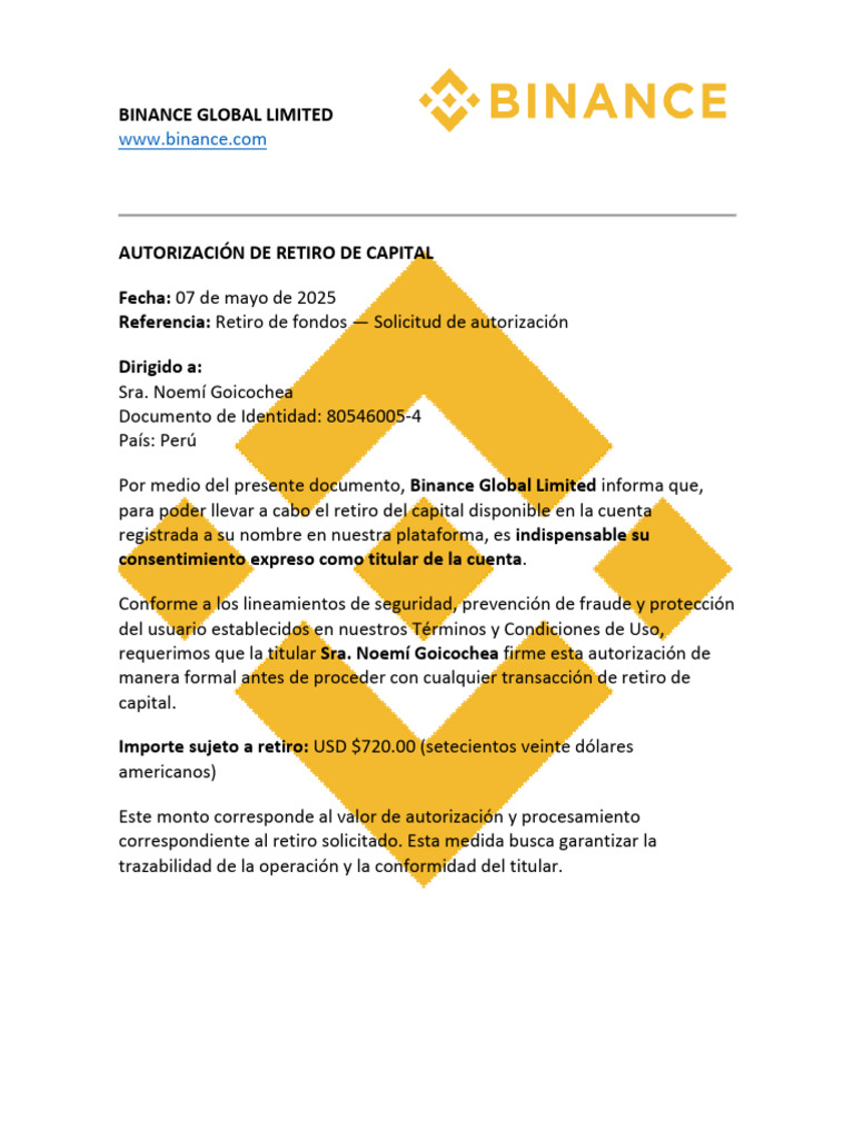 Autorización de Retiro en Binance Perú | PDF