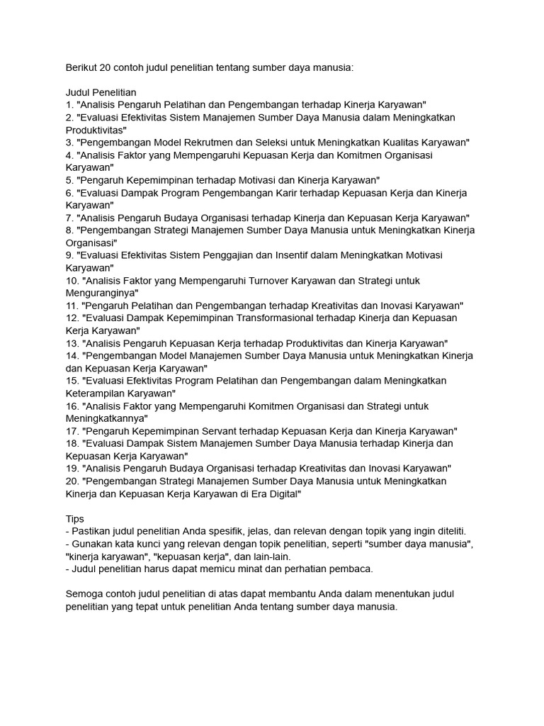 20 Judul Penelitian Sumber Daya Manusia | PDF