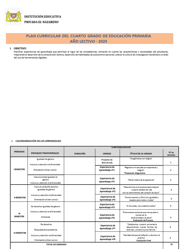 Plan Curricular 4° Grado 2025 | PDF | Enseñando | Aprendizaje