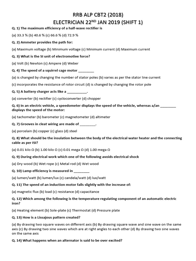 RRB ALP Electrician Exam Questions 2019 | PDF | Transformer | Electric ...