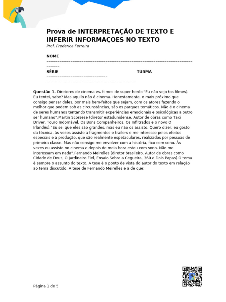 Prova de INTERPRETAO DE TEXTO E INFERIR INFORMAOES NO TEXTO | PDF