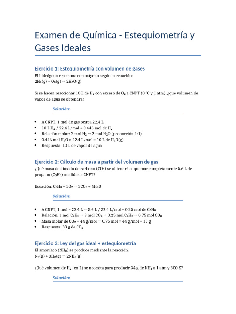 Ejercicios de Estequiometría de Gases | PDF