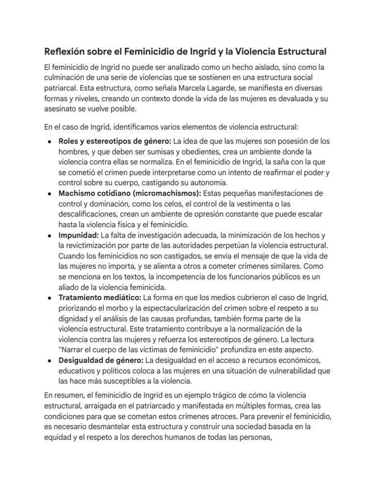Reflexión Sobre El Feminicidio de Ingrid y La Violencia Estructural ...