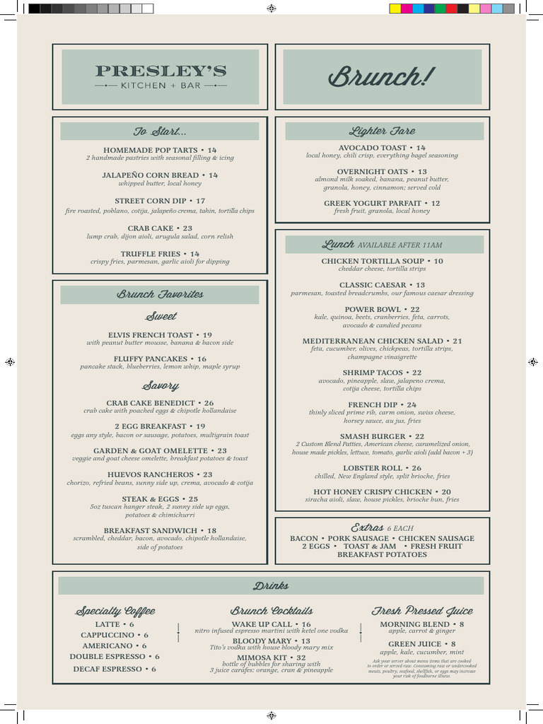 Presleys Brunch Menu Highlights | PDF | Pancake | Cuisine