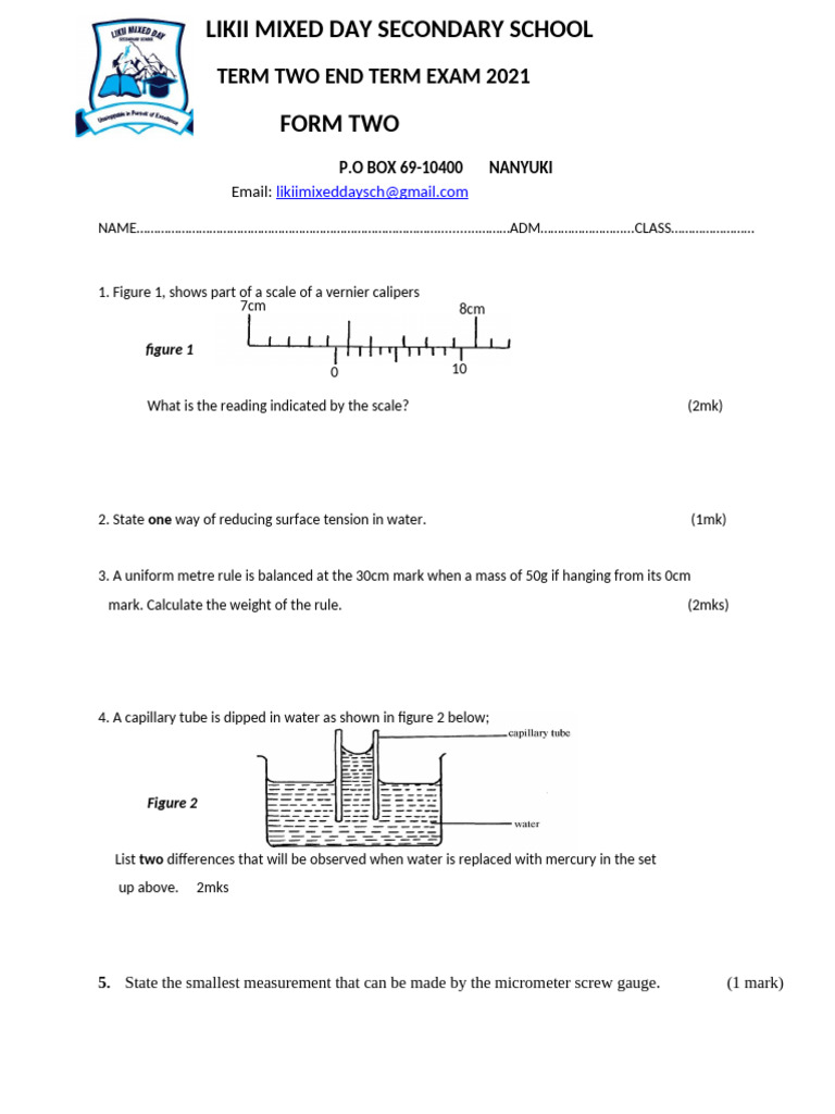 Likii Mixed Day Secondary School Term 2 Exam 2021 | PDF | Density ...