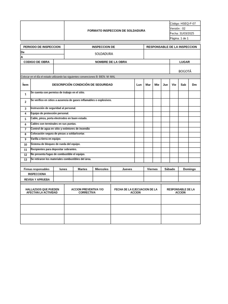 Inspección de Soldadura: Formato HSEQ-F-07 | PDF | Soldadura | Construcción