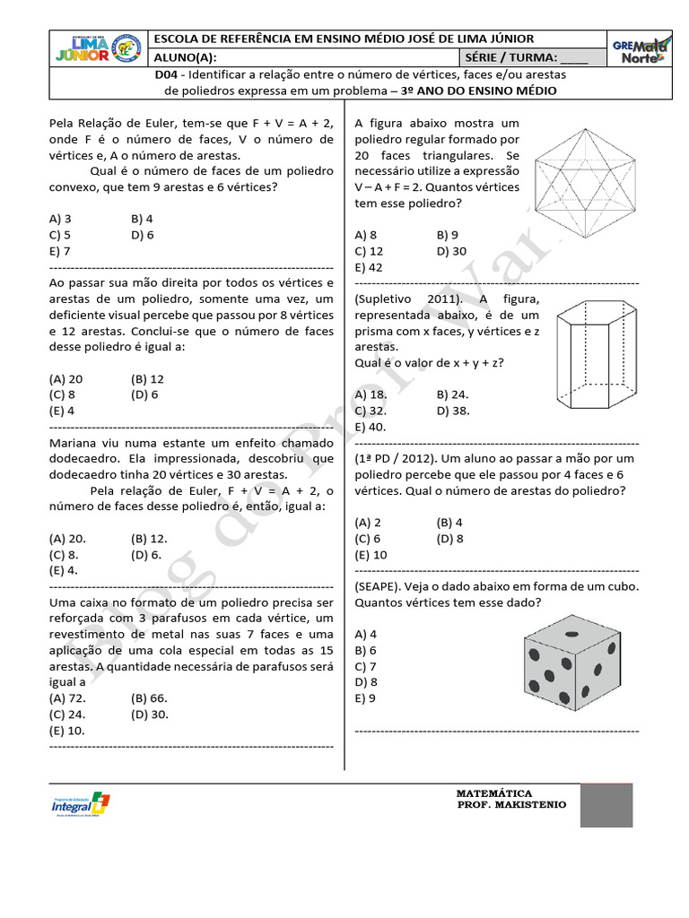 Exercícios sobre Relação de Euler | PDF | Vértice (Geometria) | Tetraedro