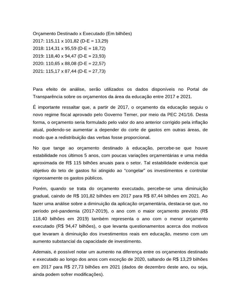 Orçamento da Educação: Destinado vs Executado | PDF | Orçamento | Economias