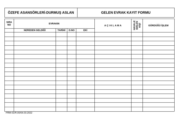 Frm-01 Gelen Evrak Kayit Formu | PDF