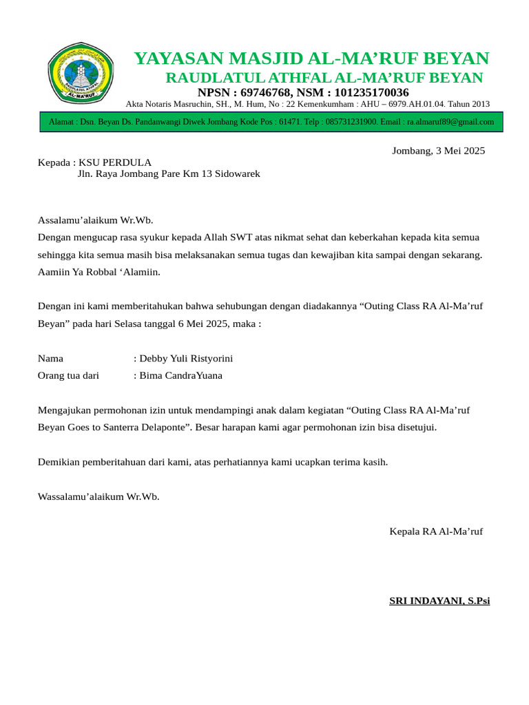 Izin Outing Class RA Al-Ma'ruf Beyan | PDF