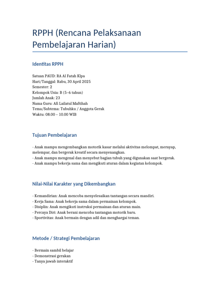 RPPH PAUD Kelompok B Semester 2 2025 | PDF