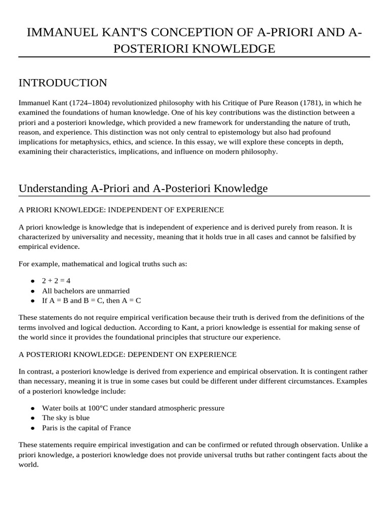 Kant on A-Priori and A-Posteriori Knowledge | PDF | A Priori And A ...