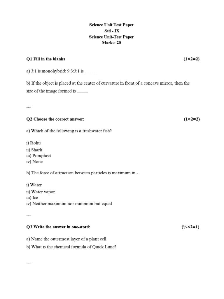 IX Grade Science Unit Test Paper | PDF