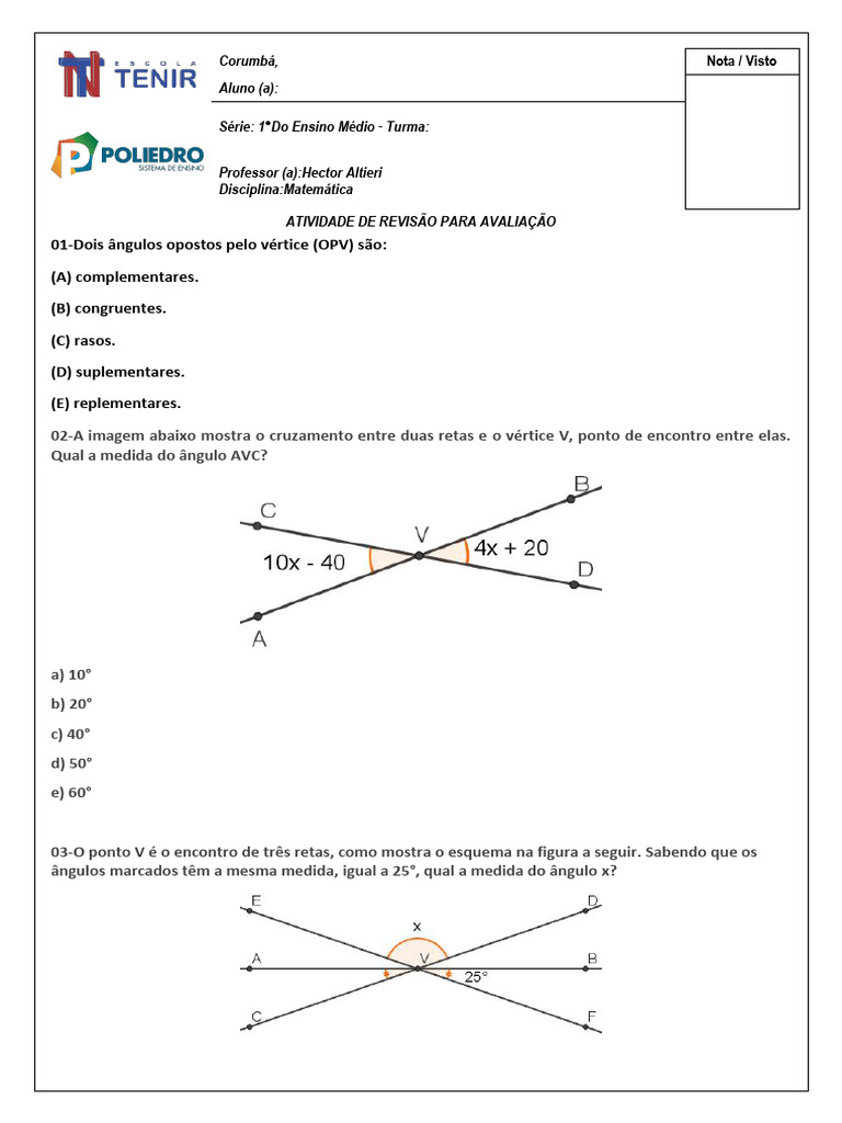 Exercícios sobre Ângulos Opostos pelo Vértice | PDF