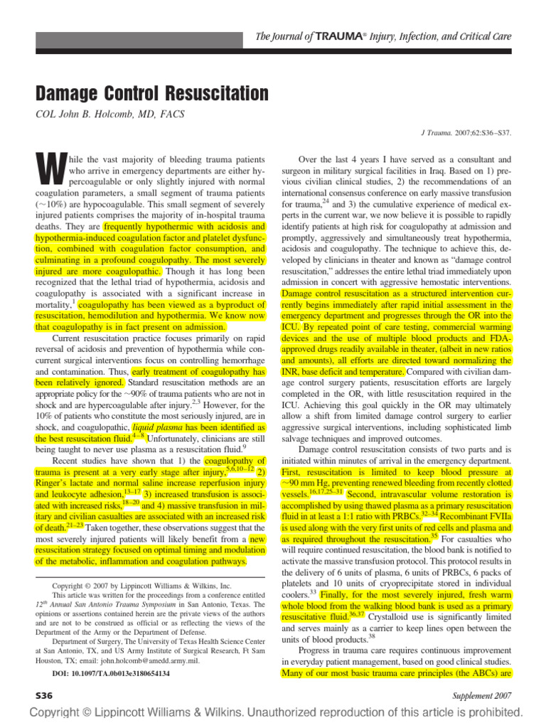 Damage Control Resuscitation in Trauma | PDF | Hematology | Human ...