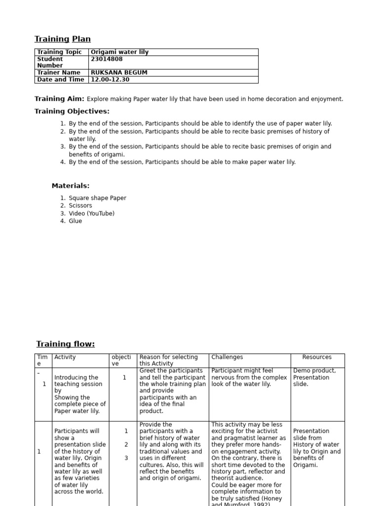 Origami Water Lily Training Plan | PDF | Learning Styles | Cognitive ...