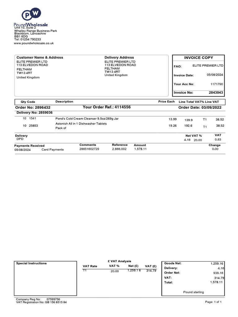 Invoice for Elite Premier Ltd Order | PDF | Payments