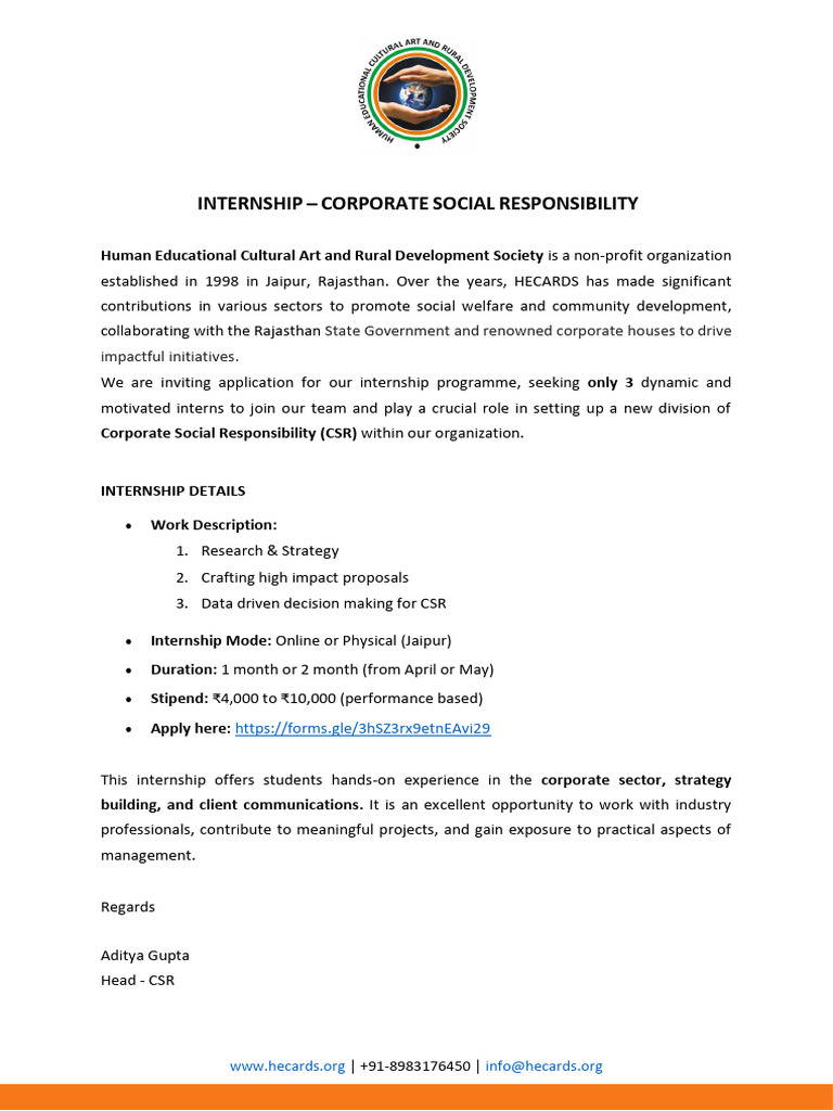 CSR Internship Opportunity at HECARDS | PDF