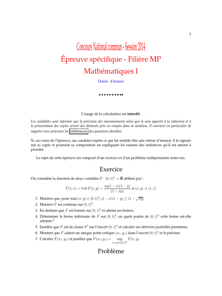 Concours Mathématiques MP 2014 - Épreuve | PDF | Série entière ...