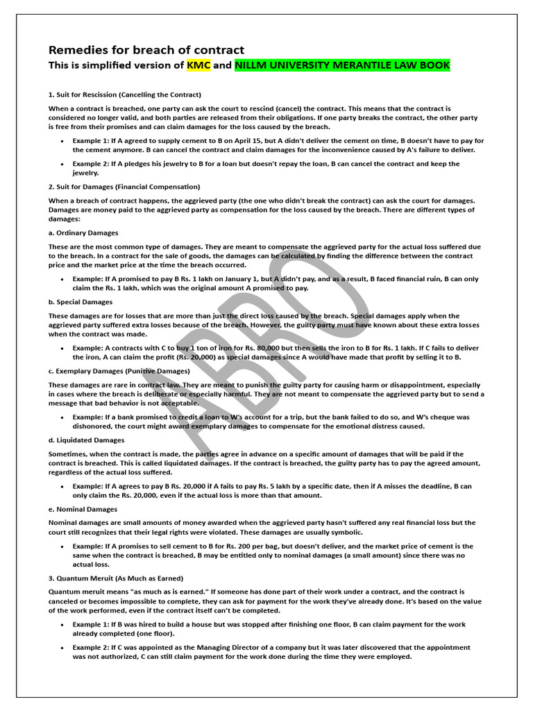 Remedies for Breach of Contract Explained | PDF | Damages | Breach Of ...